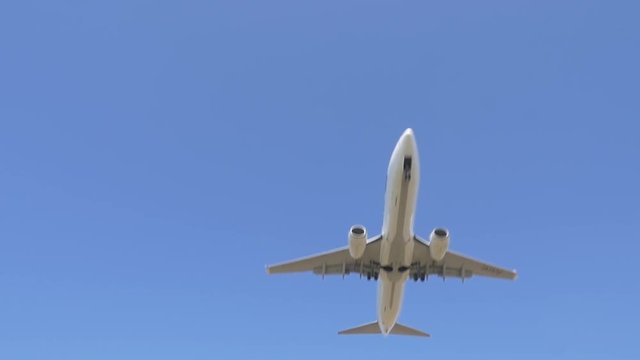 Jet plane taking off in blue sky
