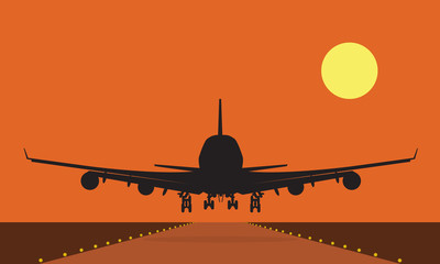Landing plane over runway at sunset. Flat and solid color travel concept background.