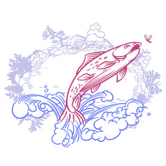 Trout jumping for a fly. Body of water, trees, rocks and shore line form an oval around the fish.
