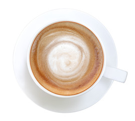 Top view of hot coffee cappuccino spiral foam isolated on white background, clipping path included