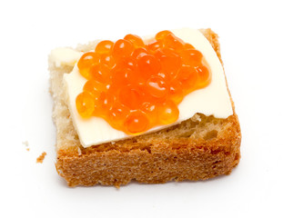 Red caviar sandwiches on white background