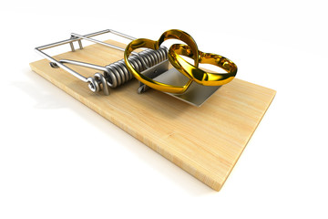 mousetrap with wedding ring on white background. Isolated 3D image