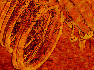 This is an abstract illustration of bicycles lined up so that their wheels make a pleasing repeat pattern.  