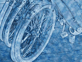 This is an abstract illustration of bicycles lined up so that their wheels make a pleasing repeat pattern.  