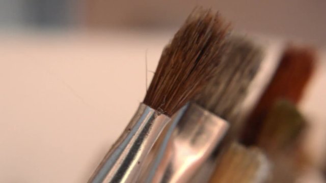 A lot of different brushes close up.