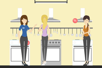 Appliance store with visitors. People buying stoves, ovens and more.