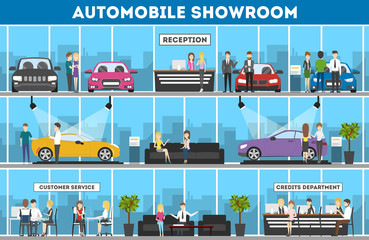 Showroom interior set. Automobiles for sell. Reception, customer service and credits department.