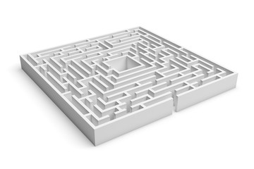 3d rendering of white square maze consruction with an entrance isolated on white background