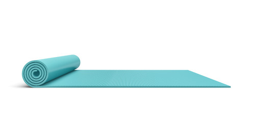 Rendering of blue half rolled yoga mat isolated on white background. - obrazy, fototapety, plakaty