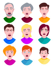 Extremely surprised young people shock portrait and frightened face emotions afraid expression person with open mouth vector illustration.
