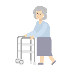 Isolated disabled woman on white background. Old woman with walker.