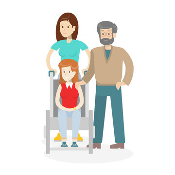 Help and care for disabled on white background. Young woman in wheelchair with male and female helpers.