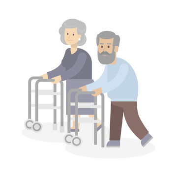 Old couple with walkers on white background
