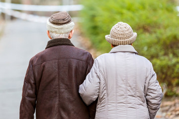 Elderly couple walking in the park