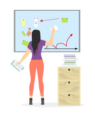 Woman with presentation on white background. Concept of analyzing, working and marketing.