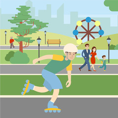 Roller skating in park. Boy in rollers and helmet has fun. Healthy lifestyle. Extreme sport.