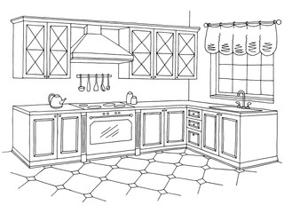 Kitchen graphic room interior black white sketch illustration vector