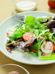 vegetarian food in dish on backdrop for served