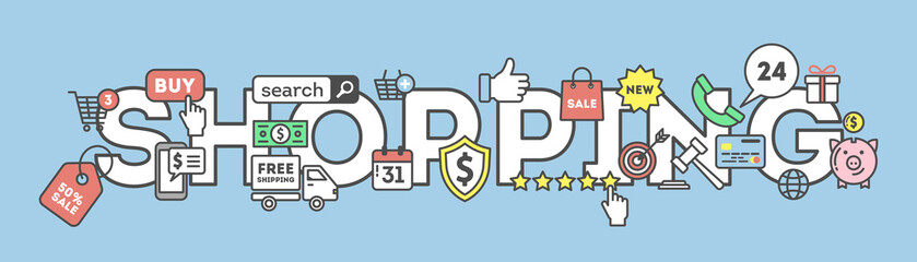 Shopping concept illustration with many colorful icons as target, price tag, piggy bank and more. Idea of discount, sale and commerce.