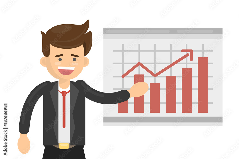 Wall mural Happy businessman with chart on white background. Chart up. Concept of success, idea and growth.