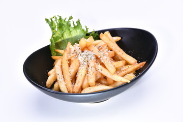 a bowl of french fries topping with parmesan cheese (white background)