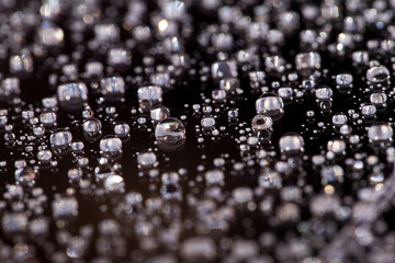the Abstract black-white background with gradient color water drops on glass with reflection, bockeh, macro