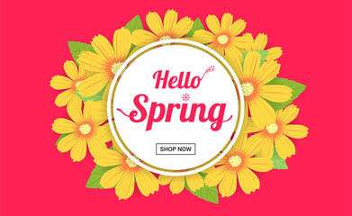 Hello spring season time, sales season banner or poster with colorful blossom flower