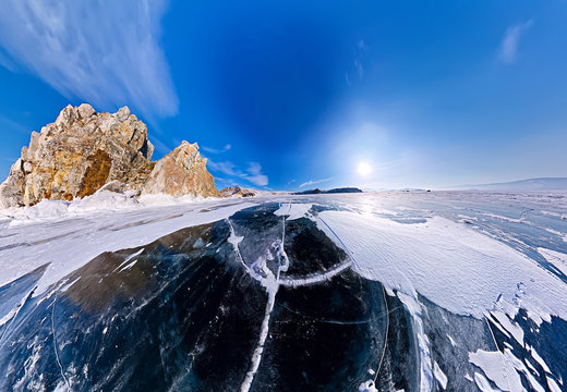 Shaman Cape on Olkhon Island, Baikal, fish-eye aerial