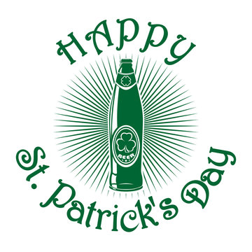 Beer bottle isolated logo. Beer label. Beer bottle with clover leaf. Beer bottle icon isolated on white background. St. Patrick's Day celebration symbol. Green icon on white. Vector illustration
