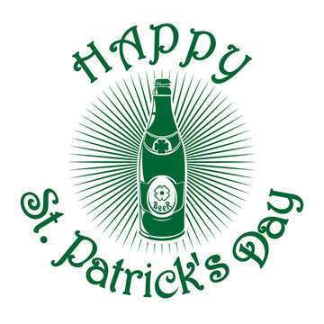 Beer bottle with the image of clover. St. Patrick's Day celebration symbol. Vector illustration isolated on white background