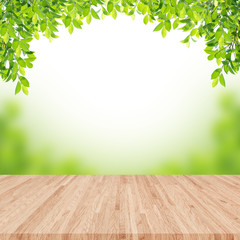 Naklejka na ściany i meble Empty wooden table with blurred garden on background