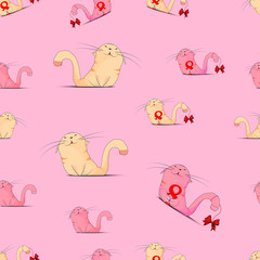 Seamless texture with cute cats on a pink background. Enamored the cat. Postcard with cat lovers. Vector illustration.