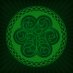 Stylized image of shamrock in outline style with celtic ornament on a green background.