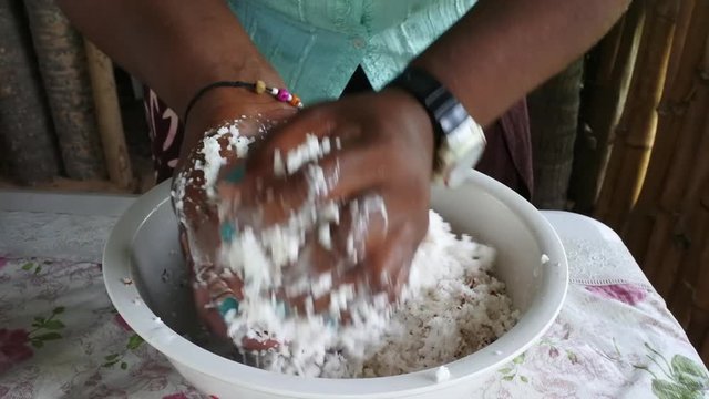 Hands of Indigenous Fijian woman squeezing coconut fruit for cream in Fiji
