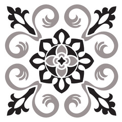 Hand drawing pattern for tile in black and white colors. Italian majolica style