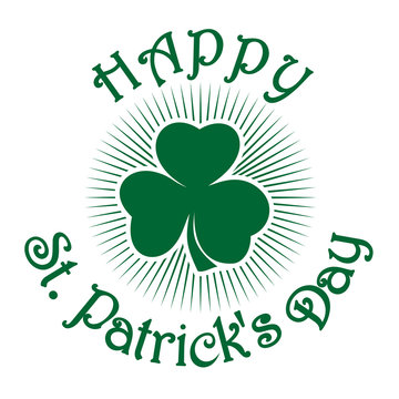Happy St. Patrick's Day. Clover icon isolated on white background. St. Patrick's Day celebration symbol. Design element for St. Patrick's Day. Vector illustration with clover and greeting inscription