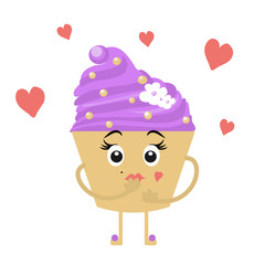 Funny cupcake . Cake kiss kiss. Smile food . Cartoon. Flat style. Vector illustration