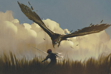 Plakaty  wielki orzeł atakuje wojownika z góry na polu, obraz ilustracyjny