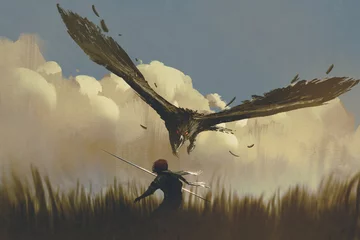 Tafelkleed the big eagle attack the warrior from above in a field,illustration painting © grandfailure
