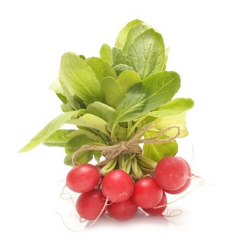 Fresh red radishes on a white background