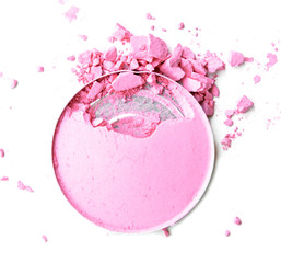 Round pink crashed powder for make up as sample of cosmetics product isolated on white background