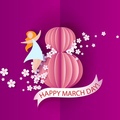 Card for 8 March women day. Abstract pink background with text and flowers .Vector illustration. Paper cut and craft style.