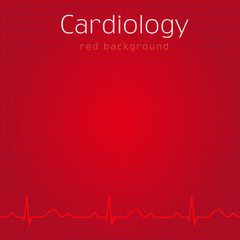 Medical red background. Outpatient card cover design or presentation's slide. Icons idea for hospitals, tests, clinics, pharmacies. Vector cardio waves. Heartbeats graph.