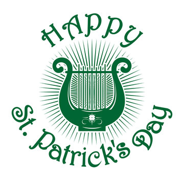 Happy St. Patrick's Day. Green lyre icon isolated on white background. Lyre with the image of four-leaf clover. St. Patrick's Day celebration symbol. Vector greeting card for St. Patrick's Day