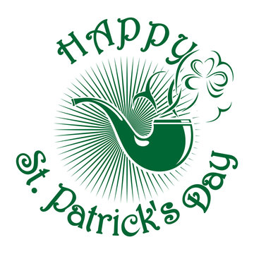 Smoking pipe. Smoke in the shape of clover. Smoking pipe icon isolated on white background. St. Patrick's Day celebration symbol. Happy St. Patrick's Day. Green vector icon. Vector illustration