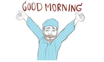 mustache man in black suit, action