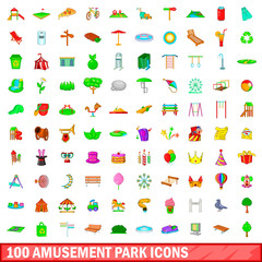100 amusement park icons set, cartoon style