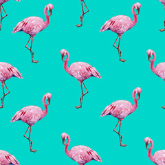 Seamless watercolor illustration of tropical pink flamingo birds. Trendy pattern with tropic summertime motif. Exotic Hawaii art background. Design for fabric and decor.  - 137644556