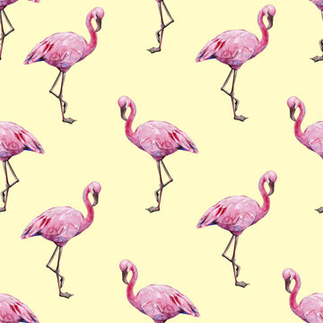 Seamless watercolor illustration of tropical pink flamingo birds. Trendy pattern with tropic summertime motif. Exotic Hawaii art background. Design for fabric and decor. 