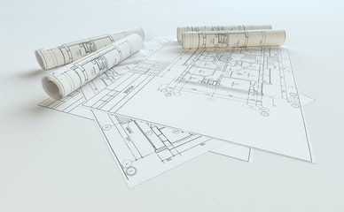 Rolled House Blueprints On Gray Background